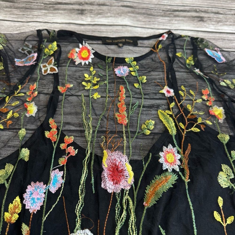 The Vintage Shop Women's Lace Mini Dress Small Black Floral Embroidered - Picture 5 of 14